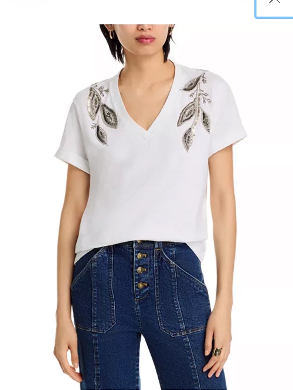 cinq a sept White V-Neck Tee with Silver Beaded Leaf Embellishment